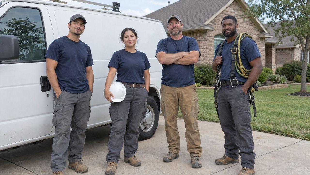 A four-person install crew beside a white van