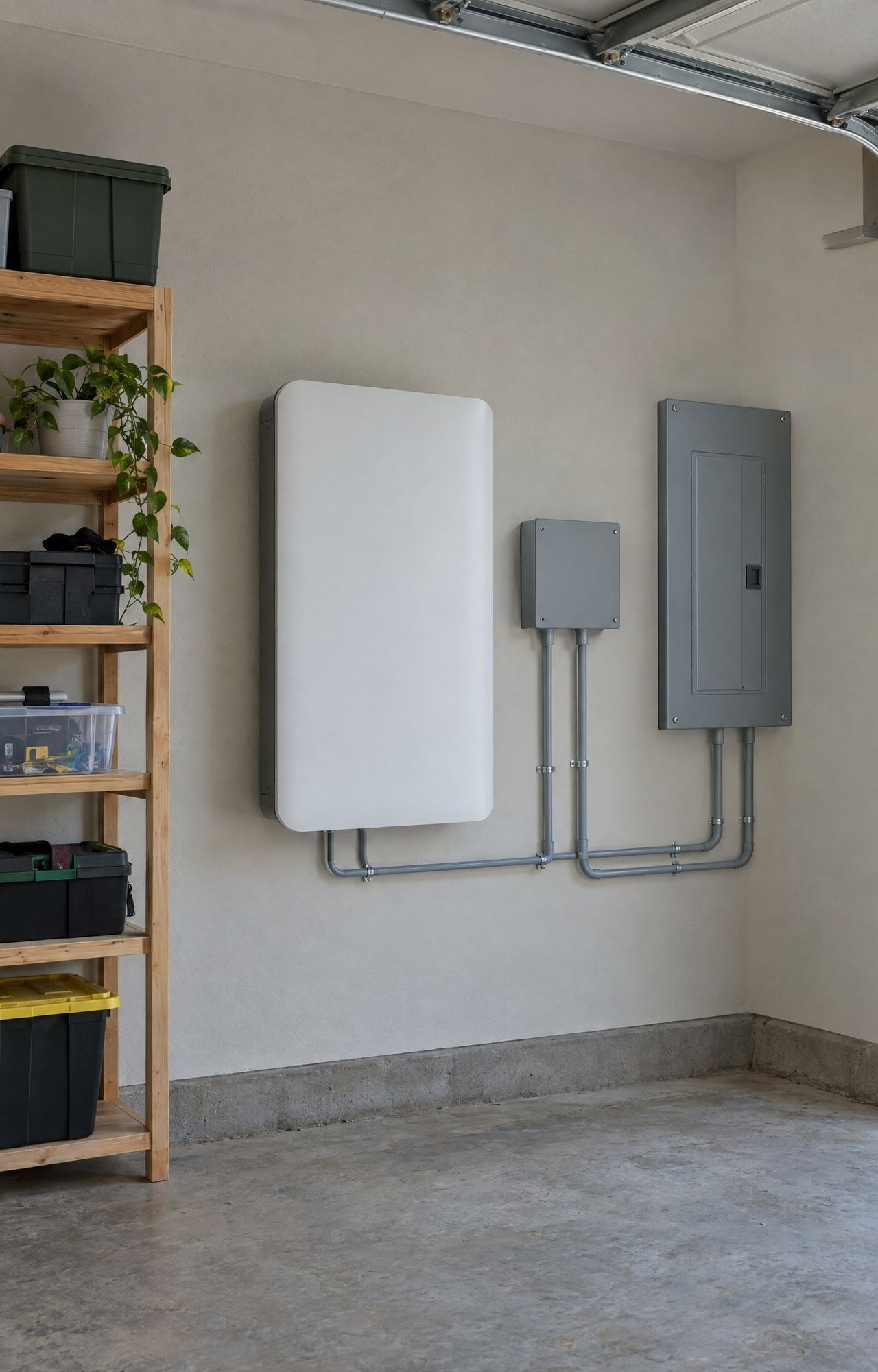 A white home battery on a clean garage wall with neat conduit to the electrical panel