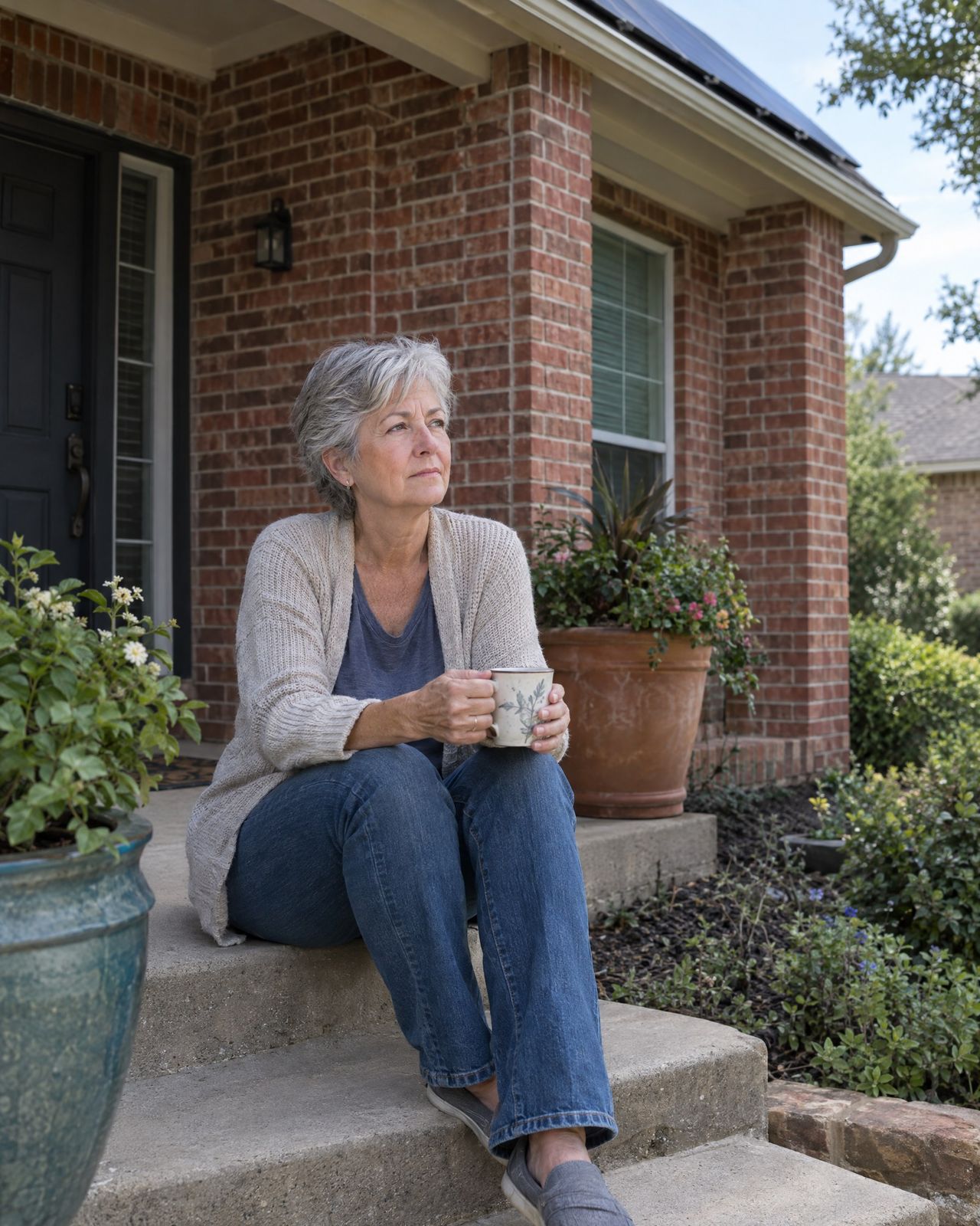 A homeowner sits on her porch steps with a mug, thinking