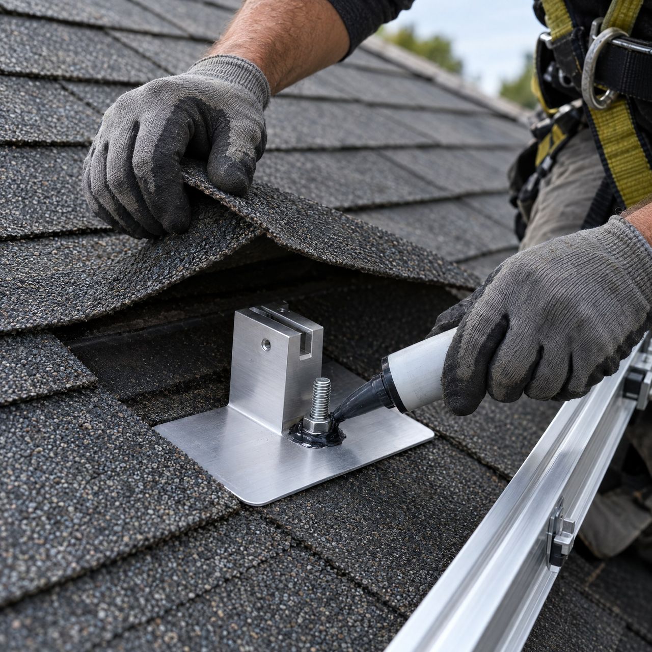 Gloved hands sealing a roof mount under a shingle