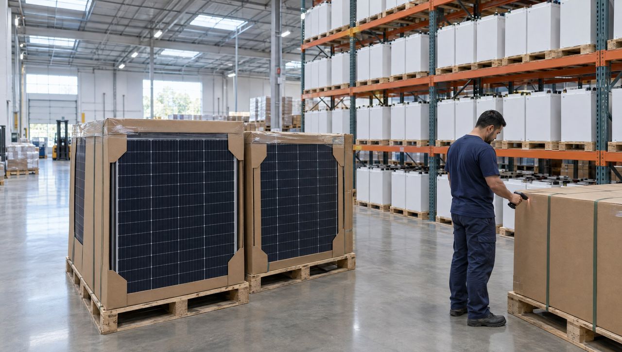 Pallets of solar panels in a warehouse